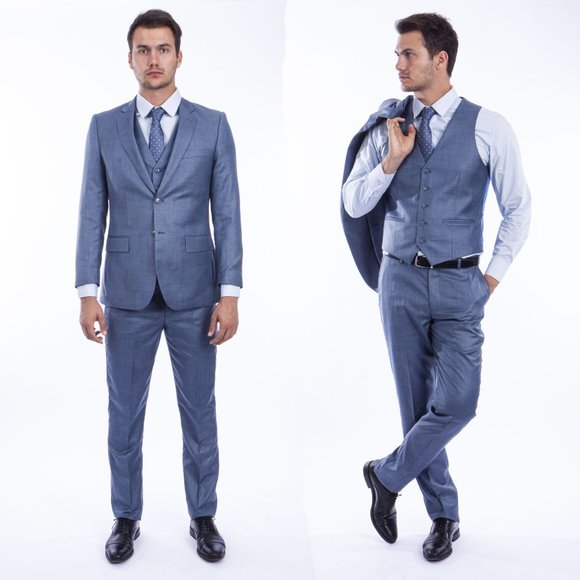 Blue Ice Grey Sharkskin 3pc Suit w/ Expandable Waistband - Picture 1 of 4